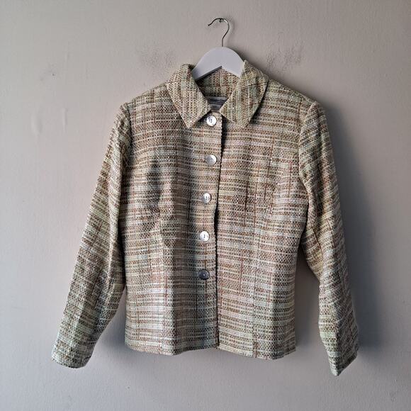 Coldwater Creek Mint Green Brown Tweed Blazer Jacket Pearl Buttons - Size 8 NWT - Picture 3 of 9